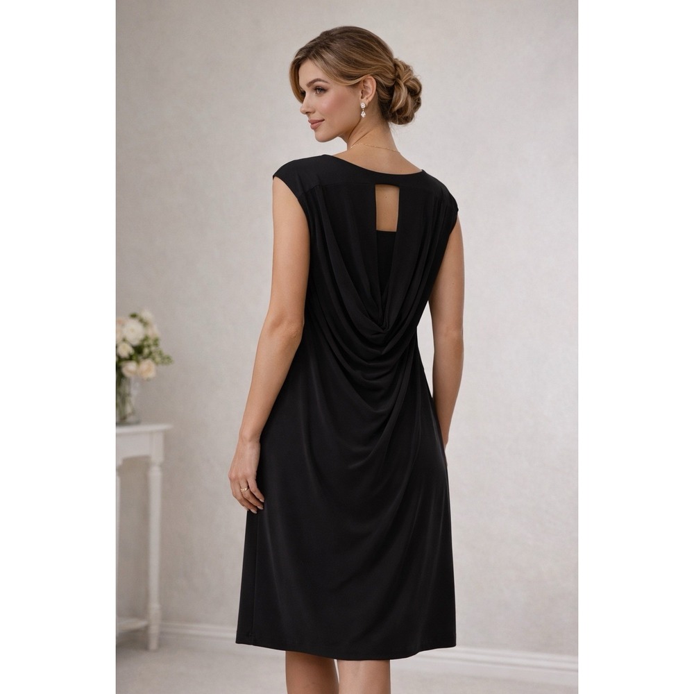 Joseph Ribkoff Sz 14 Dress LBD Black A-line Knee Length Slinky Back Drape Detail